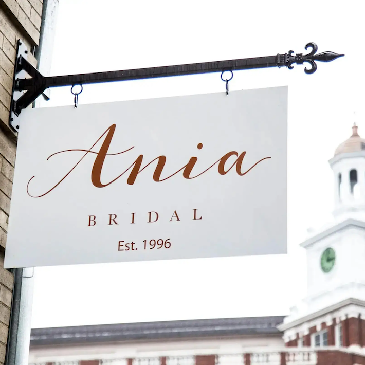 Sign at the front of the Ania Bridal Storefront, established 1996.