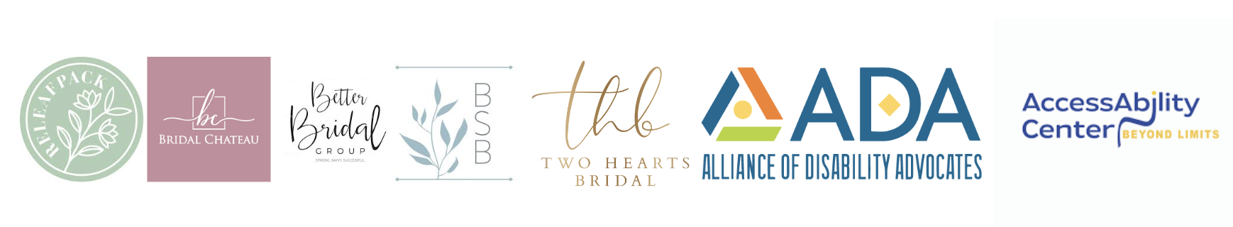 Logos for Releaf Pack, Bridal Chateau, Better Bridal Group, Blue Sage Bridal, Two Hearts Bridal, Alliance of Disability Advocates in North Carolina, and the Princeton AccessAbility Center.